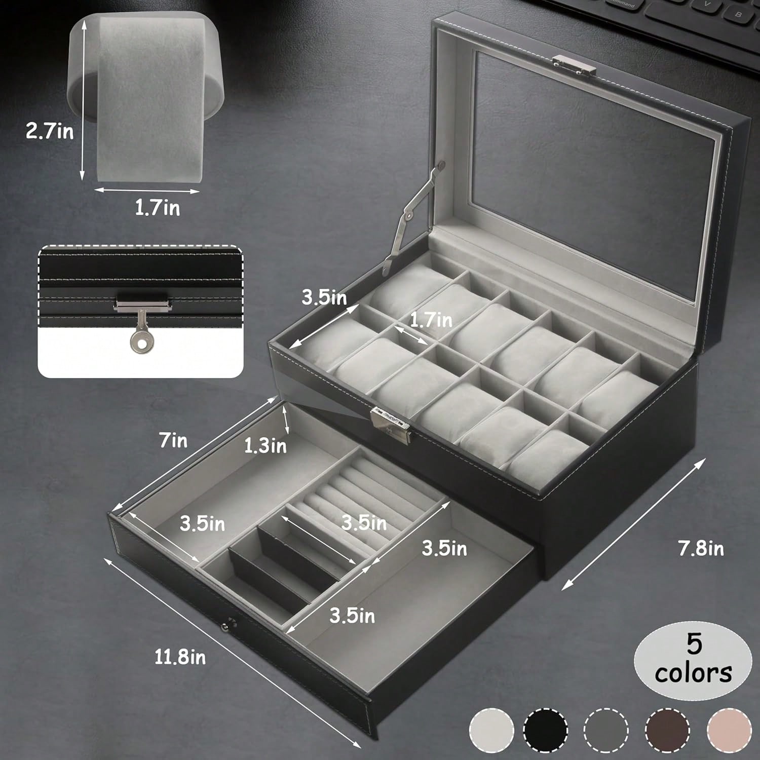 Luxury Watch Tier - Luxury 12-Slot 2-Tier PU Leather Lockable