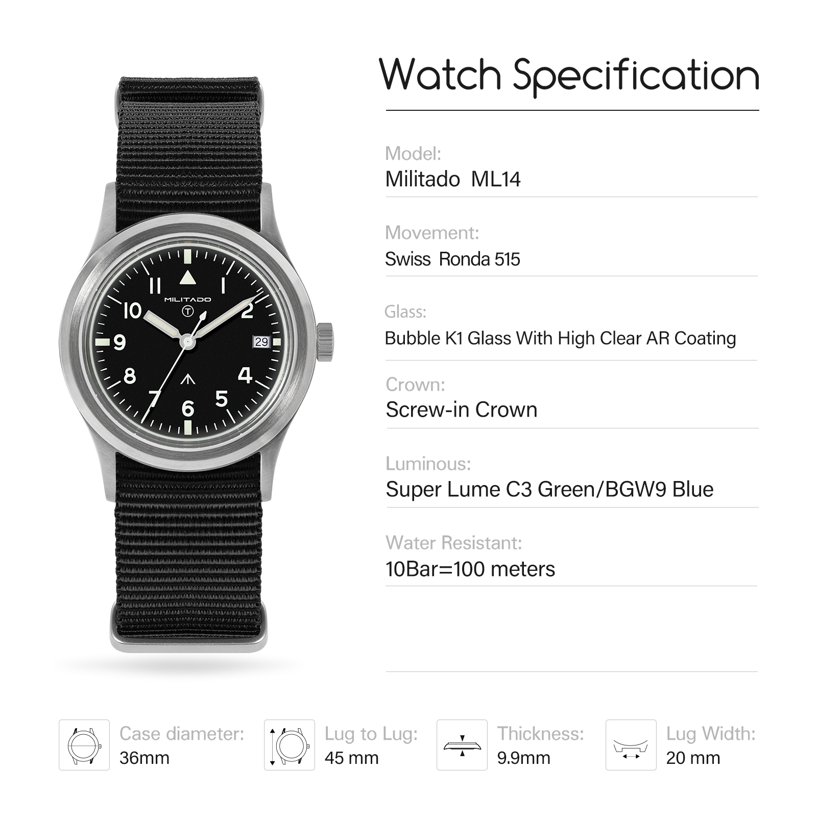 Militado ML14 36mm Watch VH31  - Luxury Watch Japan 评论和价格