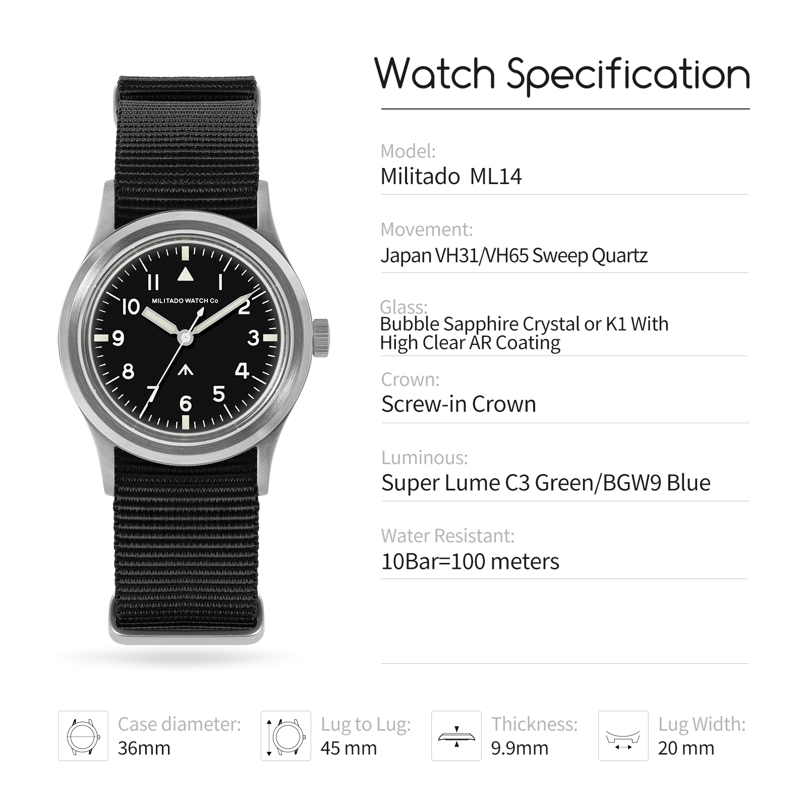 Militado ML14 36mm Watch VH31  - Luxury Watch Japan 评论和价格