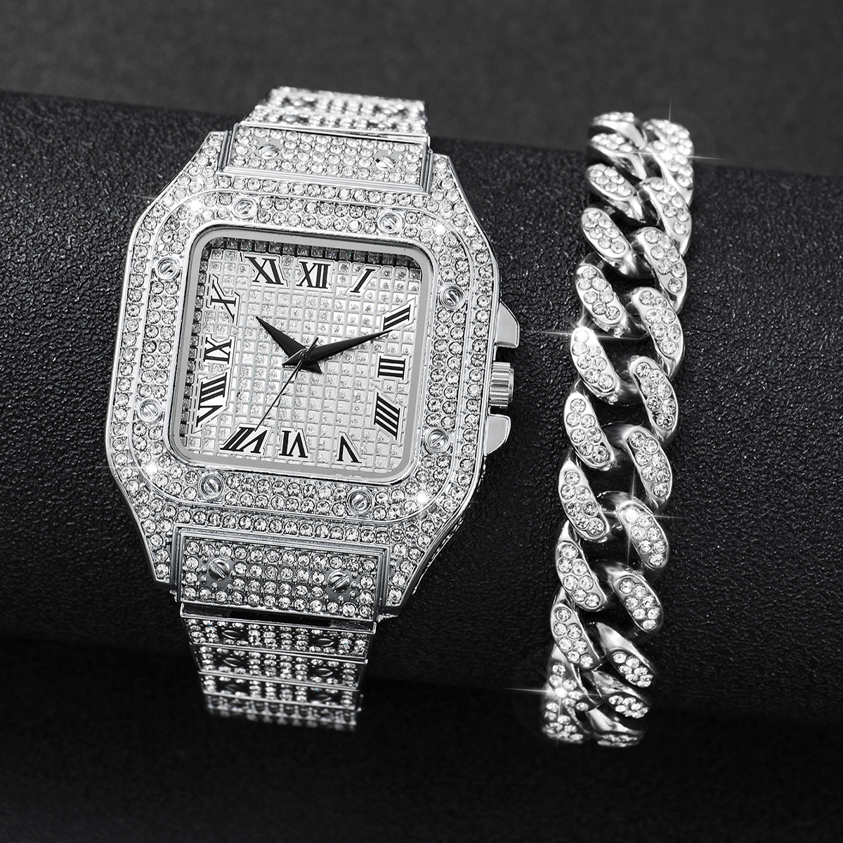 2PCS Iced Out Square Watch & C - Luxury Watch Wallpaper 评论和价格