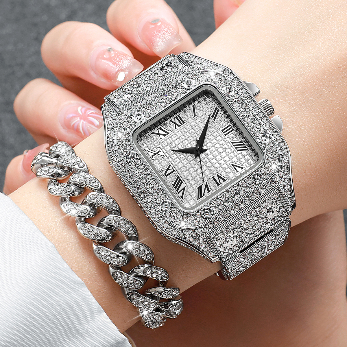 2PCS Iced Out Square Watch & C - Luxury Watch Wallpaper 评论和价格