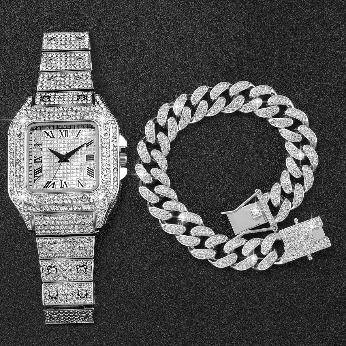 2PCS Iced Out Square Watch & C - Luxury Watch Wallpaper 评论和价格