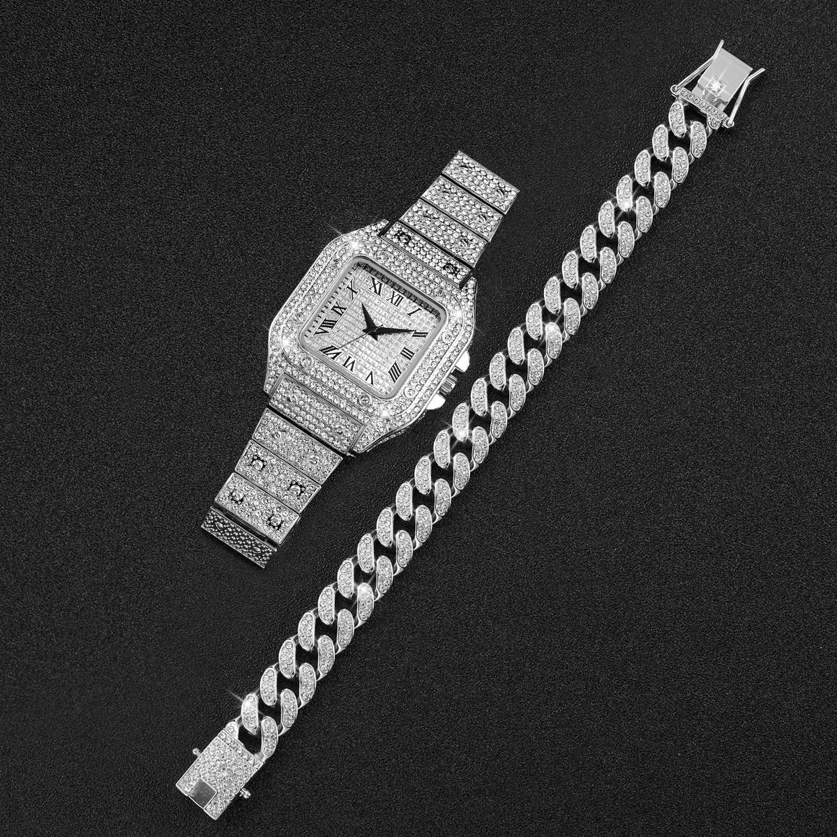 2PCS Iced Out Square Watch & C - Luxury Watch Wallpaper 评论和价格