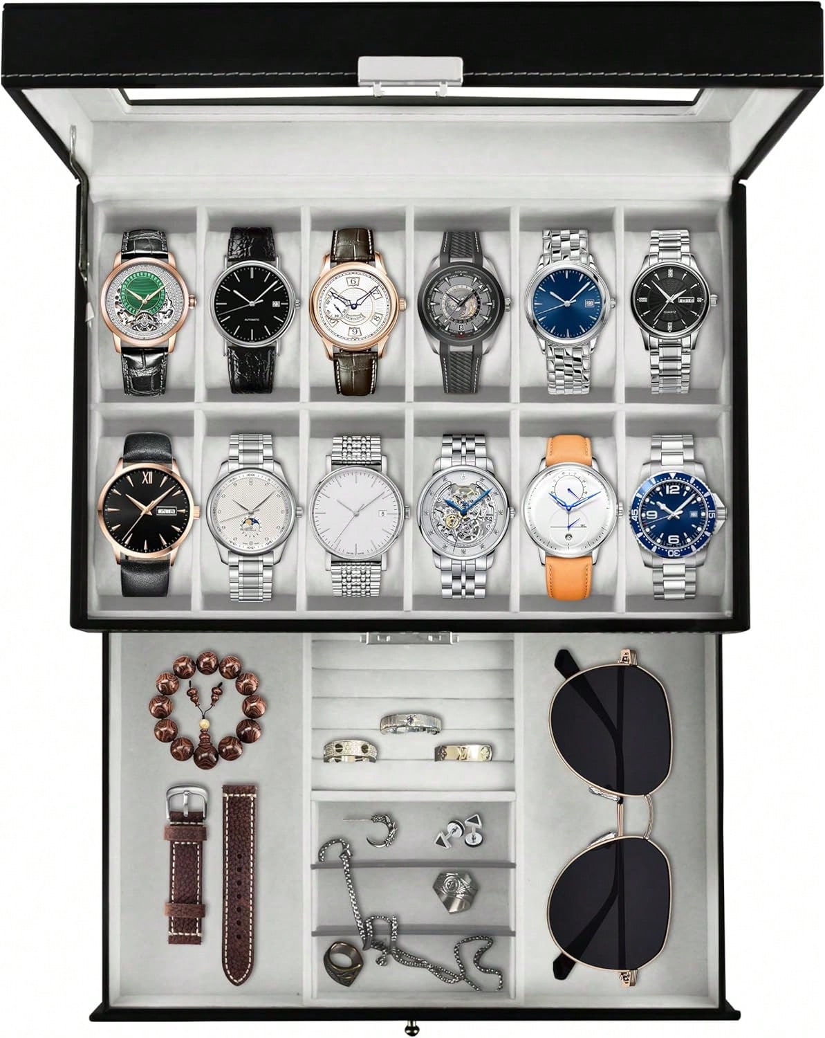 Luxury 12-Slot 2-Tier PU Leath - Luxury Watch Tier 评论和价格
